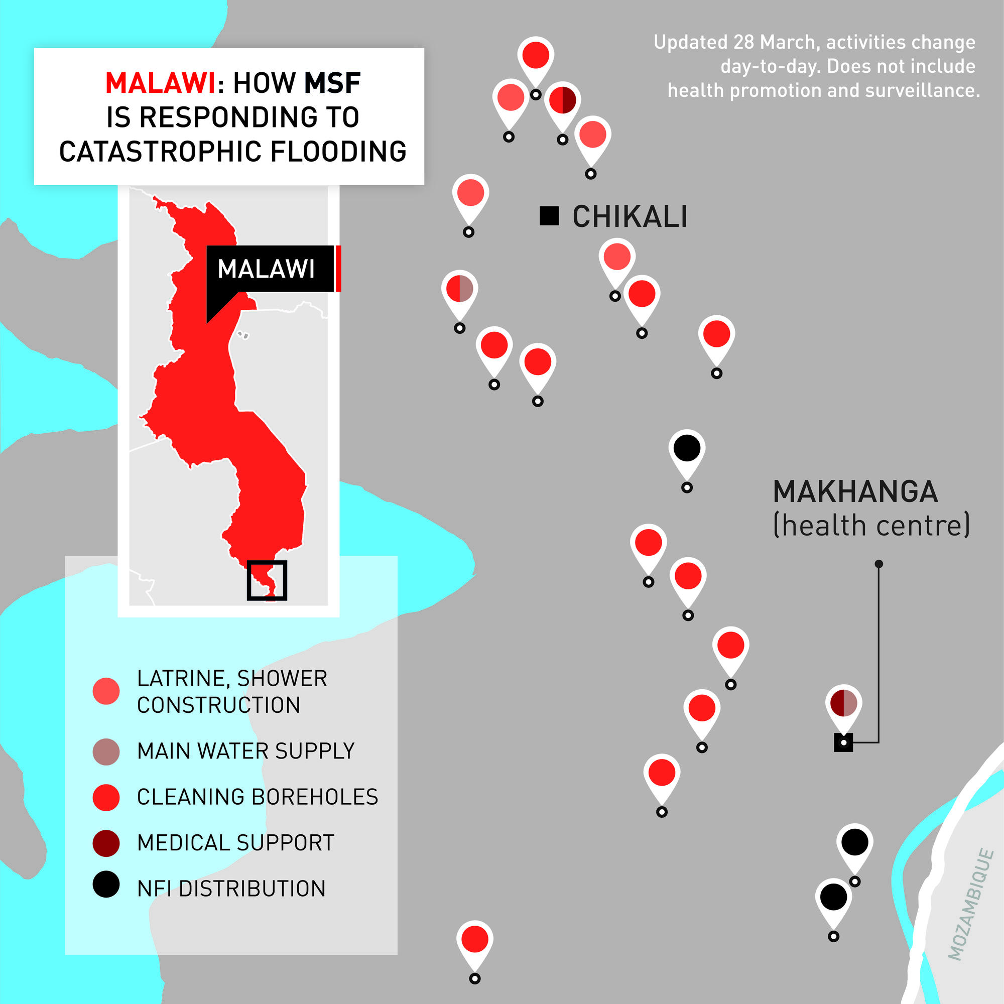 Map of MSF's emergency response in Makhanga, Malawi