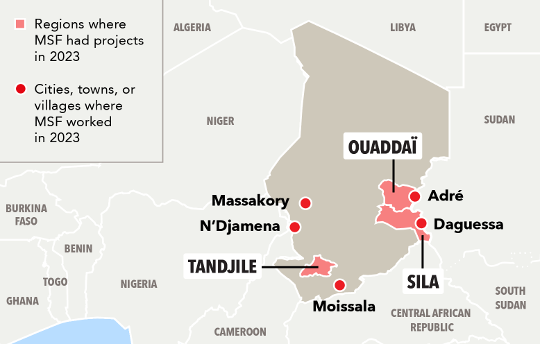 A map of Chad, highlighting where MSF had projects in 2023.