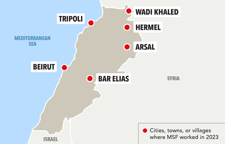 A map of Lebanon, highlighting where MSF had projects in 2023.