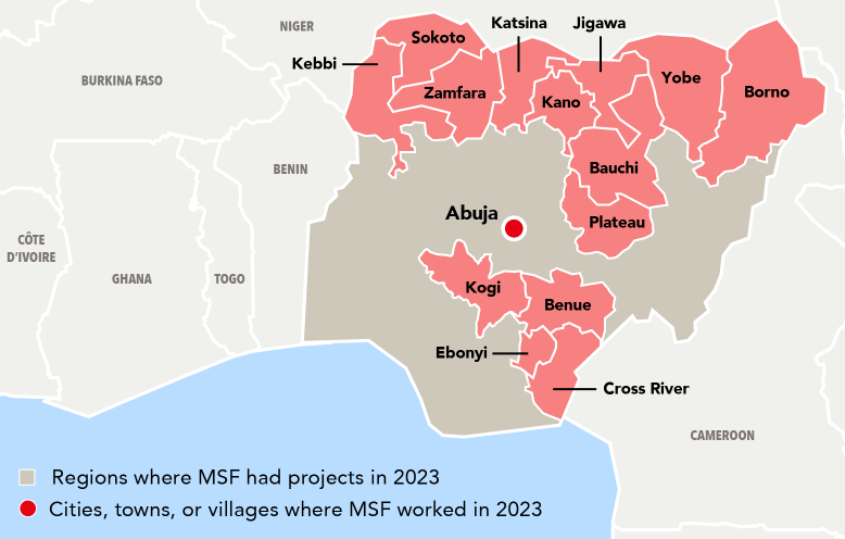 A map of Nigeria, highlighting where MSF had projects in 2023.