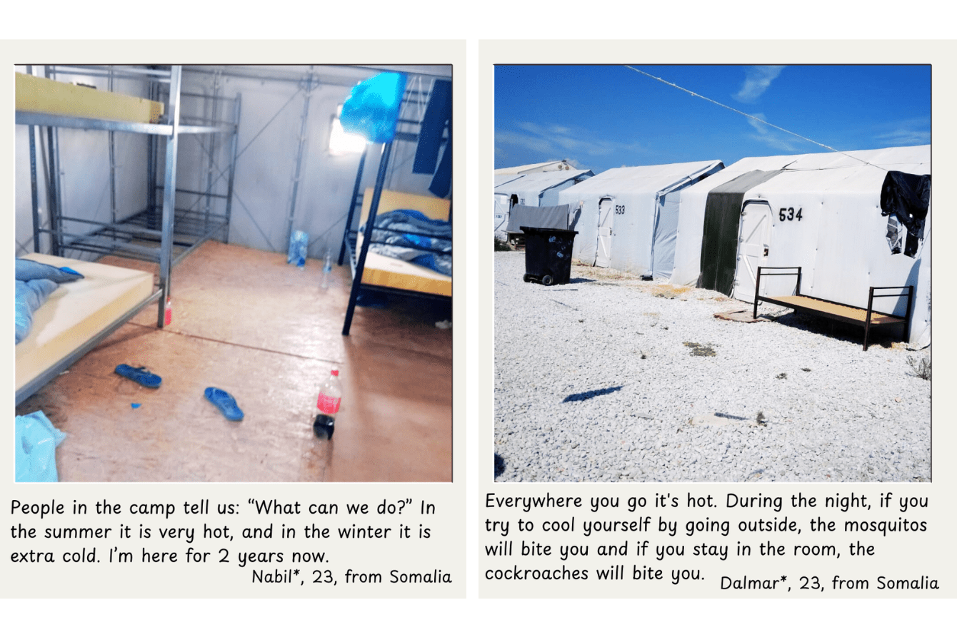 Polaroid photos of conditions inside a CCAC in Lesvos, Greece.